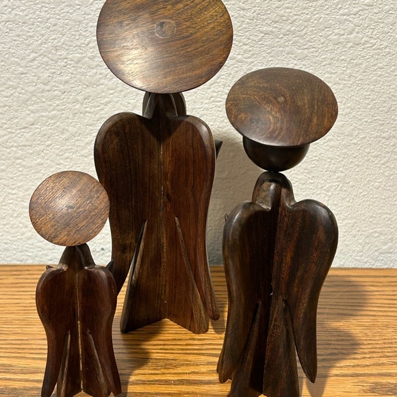 Vintage Wooden Angel Sculpture Trio - Brown - Picture 3 of 11
